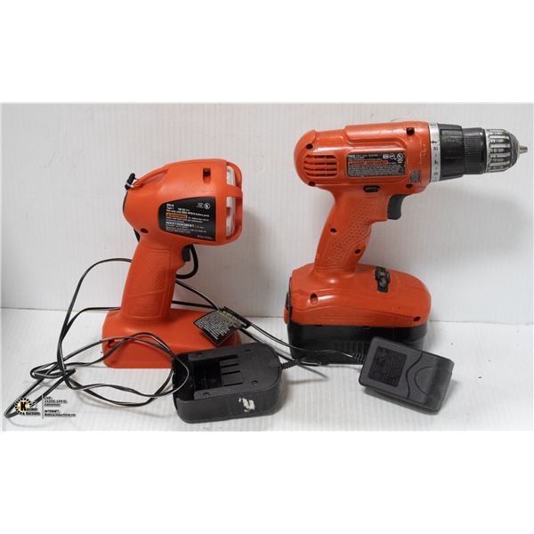 BLACK AND DECKER 18V DRILL, LIGHT AND CHARGER