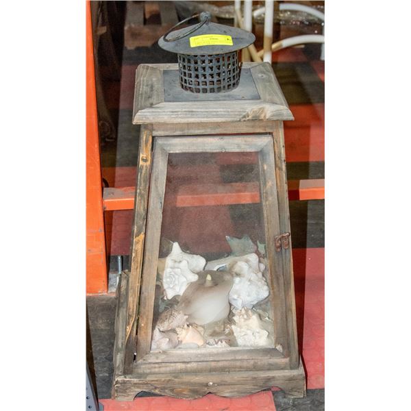 LARGE WOOD AND GLASS LANTERN WITH SEA SHELLS