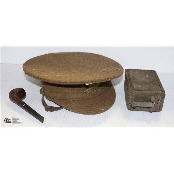 VINTAGE MORSE CODE, OLD PIPE, OLD ARMY HAT W BADGE