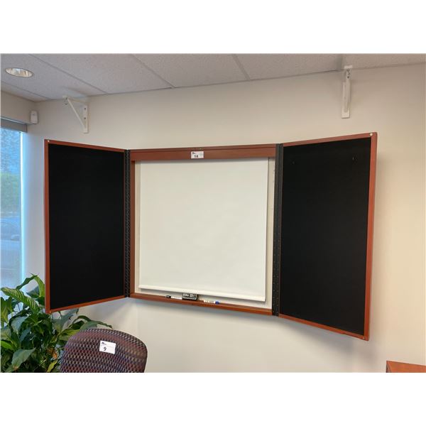 CHERRY 2 DOOR 4' X 4' MULTI PRESENTATION BOARD WITH ROLL DOWN PROJECTION SCREEN