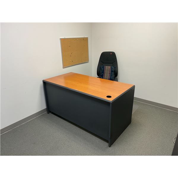 CONTENTS OF OFFICE INCLUDING: 2 TONE SINGLE PEDESTAL DESK, 2 TONE 2 DOOR CONSUMABLES CABINET, &