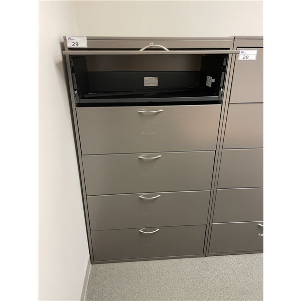 GREY METAL 5 DRAWER LATERAL FILE CABINET ( TOP DOOR NEEDS REPAIR )