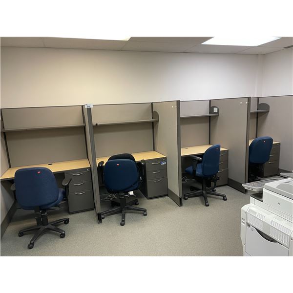 5 STATION TURNSTYLE SINGLE PEDESTAL CUBICLE SYSTEM WITH AIS MAPLE WORK SURFACES, & 5 BLUE MOBILE