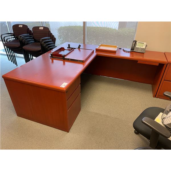 CHERRY L-SHAPE SINGLE PEDESTAL EXECUTIVE DESK, CHERRY 2 DRAWER FILE PEDESTAL, & CHERRY 2 DOOR 2