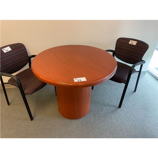 CHERRY 3' ROUND CONFERENCE TABLE, & CHERRY 2 DOOR 2 DRAWER CREDENZA