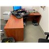 Image 1 : CONTENTS OF OFFICE INCLUDING: CHERRY L-SHAPE SINGLE PEDESTAL DESK, CHERRY 2 DRAWER LATERAL FILE,