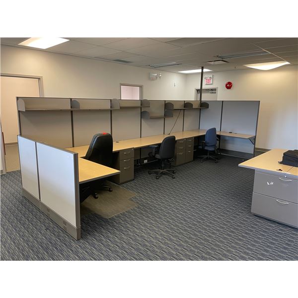 6 STATION TURNSTYLE SINGLE PEDESTAL CUBICLE SYSTEM WITH AIS MAPLE WORK SURFACES, CENTER DOUBLE 2