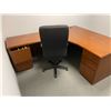 Image 2 : CONTENTS OF OFFICE INCLUDING: CHERRY L-SHAPE SINGLE PEDESTAL DESK, CHERRY 2 DRAWER LATERAL FILE