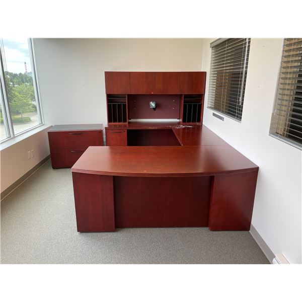 CONTENTS OF OFFICE INCLUDING: CHERRY U-SHAPE DOUBLE PEDESTAL DESK WITH 4 DOOR HUTCH, CHERRY 2