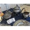 Image 3 : Silverware; Tea Pot, Cream+ Sugar, Tray, China Vase, Pitcher with old crack, Lamp