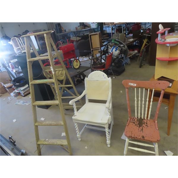 Wooden Step Ladder & 2 Wooden Chairs