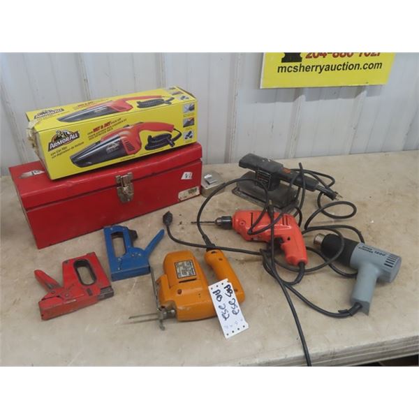 Metal Tool Box, Staples, Dust Buster, 4 Power Tools ; Jig Saw, Drill, Heat Gun, Sander