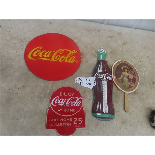 Porcelain Coke sign  12" Wide, Porcelain Coke Rack Sign  9" x 7", Metal Coke Thermometer  16" x 5" ,