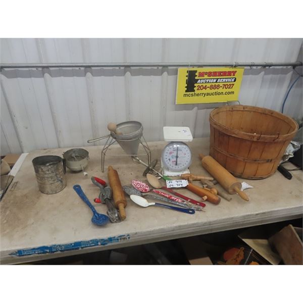 Bushel Basket, Household Scale, Sifter, Mixer, Enamel Spoon, Spiggots, Rolling Pins