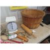 Image 2 : Bushel Basket, Household Scale, Sifter, Mixer, Enamel Spoon, Spiggots, Rolling Pins