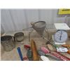 Image 4 : Bushel Basket, Household Scale, Sifter, Mixer, Enamel Spoon, Spiggots, Rolling Pins