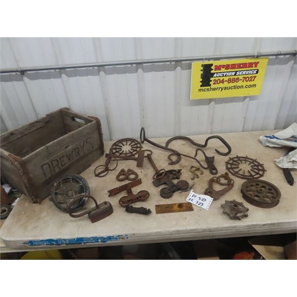 Drewrys  Crate to Repurpose, Iron, Door Hardware, Hay Hooks, Wire Puller, Buggy Step , Plus More