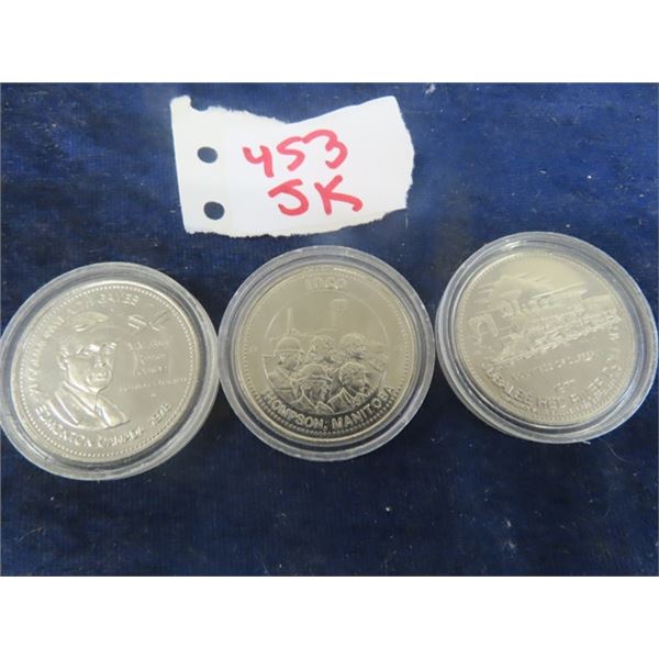 1978 Edmonton Common Wealth Games Coin, 3- 1983 Inco, Thompson Coin, 1977 Jubalee Red River Dollar