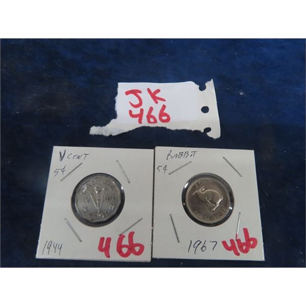 2 Coins ; 1967 5 Cent Rabbit Coin & 1944 1 Cent Canadian Coin