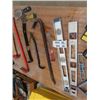 Image 4 : Carpenter's Package ; Wrecking Bar, Square, Level, Pipe Clamp, Wood Chisel