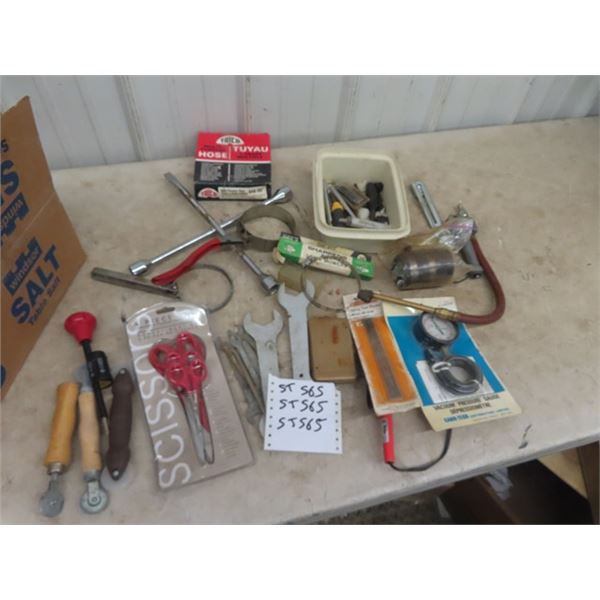 OddsnEnds of Tools ; Air Gauge, Wrenches, Scissors Propane Torch, Organizer, Staples, Stud FInder pl