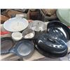Image 2 : Vintage Cooking Ware; Roasters, Enamel Pans, Cast Frying Pan, Aluminum Roaster & Rubbermaid Garbage 