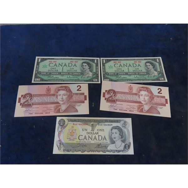 Canadian Dollar Bills; 1) 11973 $1 , 2) 1967 $1, 1) 1986 $2