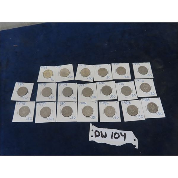 20 Canadian 50 Cent Coins - 1969 - 1985 - Last Picture shows the Years