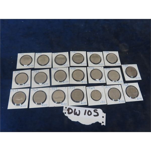 20 Canadian $1 Coins + 1) 50 Cent Coin 1968 - 1985