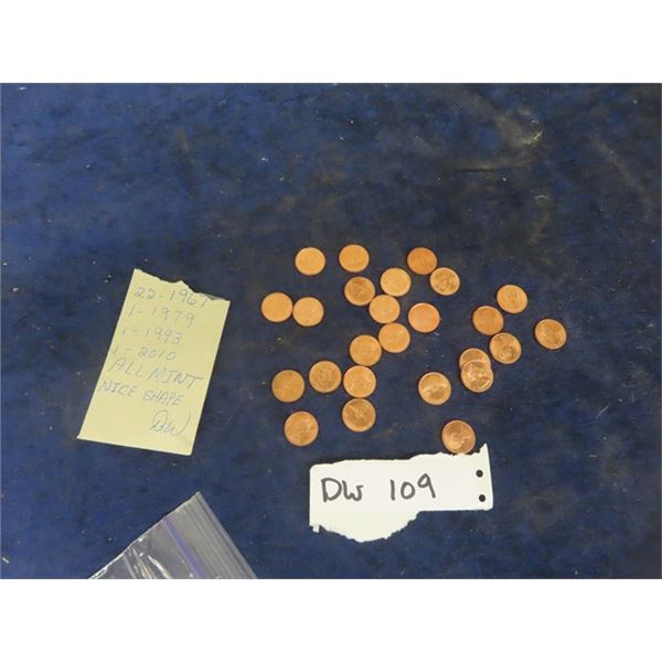 25 Canadian Pennies; 22) 1967 , 1)1979, 1) 1993 1) 2010