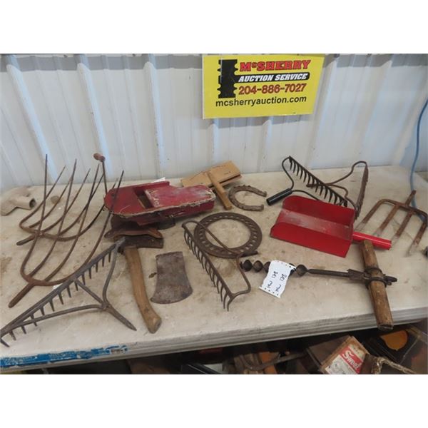 Grass Seed Broadcaster, Wool Carding Paddles, Auger Bits, Hatchet, Yard Tool Ends
