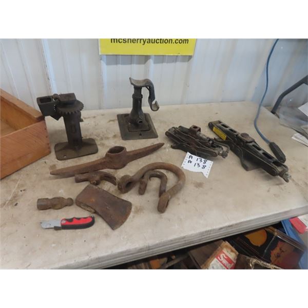 Auto Jacks, Wooden Crate, Pick & Axe Heads