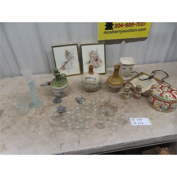 Crockery Decanter, Alabaster Candle, Outhouse Pictures Pictures & 20 Little Sampe Bottles