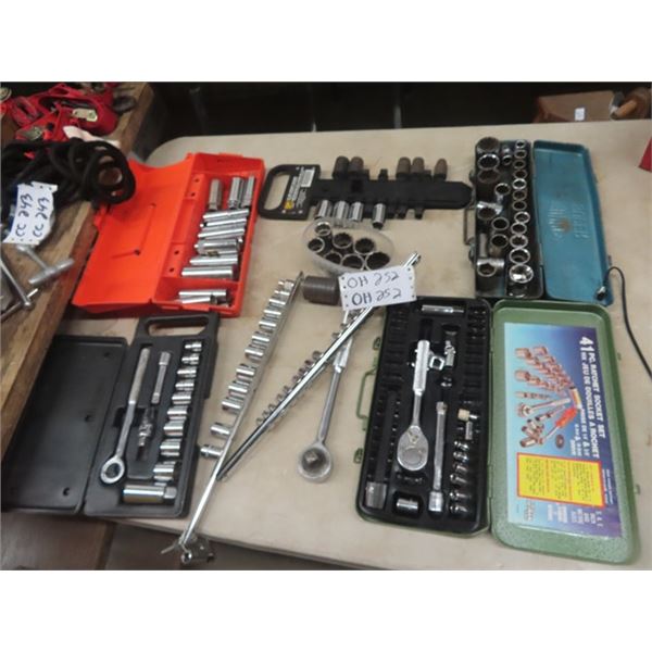 Quantity of Socket Sets; 3/8" + 1/2" - some 1/4", & Metal Tool box