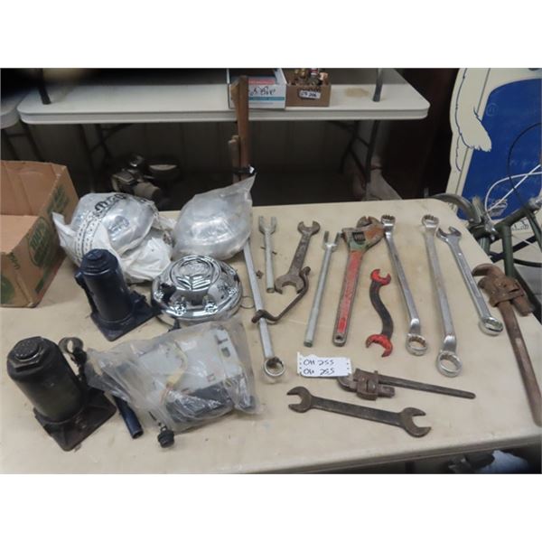 Set of 4 New Dodge Truck Hubcaps, 2 Hydraulic Jacks, Wrenches & Pipe Wrench