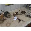 Image 1 : Old Tools; 2 Hand Cranks, Sharpener, Riveter, Press Drill & 2 Drill Saw Attachments