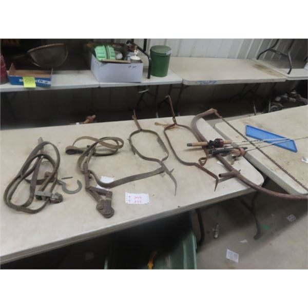 Leather Pul Clamps, 2 Cow Stops, Saw, 2 Fishing Rods