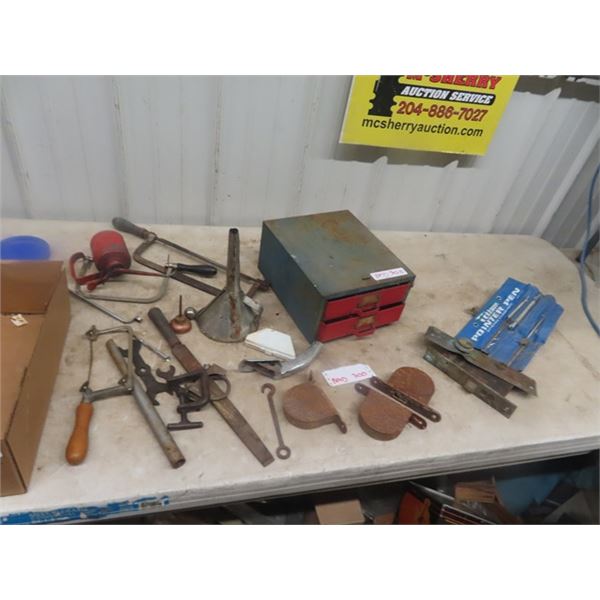 Metal Shop Cabinet, Funnel, Oil Can, Old Cast Door Hardware, OddnEnds of Tool