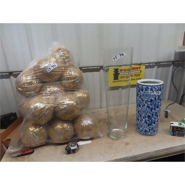 Decorative Balls & 2 Vases; 1) 17.5" , 1) 27.5"