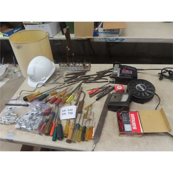 Tools; Screwdrivers, 1/4 + 3/8 Sockets, Hard Hat, Tester, Power Jig Saw plus more