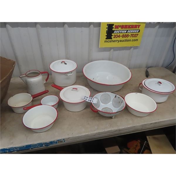 10 Red + White Enamel Ware Items; Kettle, Basin Strainer Pots