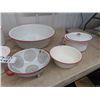 Image 2 : 10 Red + White Enamel Ware Items; Kettle, Basin Strainer Pots