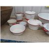 Image 3 : 10 Red + White Enamel Ware Items; Kettle, Basin Strainer Pots