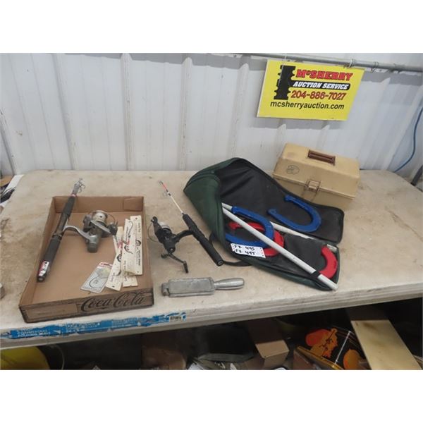 Horse Shoe Game with Case, 2 Folding Fishing Rods, Some Hooks, Weight Mold