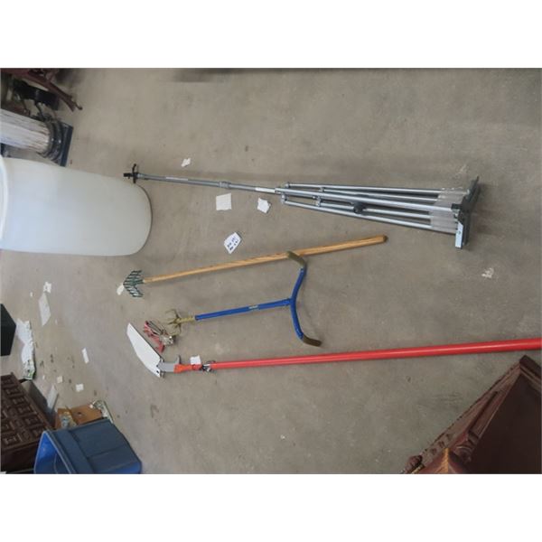 Garden Claw, Hoe, Branch Cutter, Sprinkler, Poly Barrel
