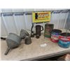 Image 1 : Huffman Quart Oil jug, Funnels, Oil Squirt Cans, Antifreeze Oil Tins