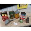 Image 1 : Funnels, Oil Squirt Can, Chryco Brake Fluid Tin, Chryco Antifreeze Converted to Oil Jug plus  more