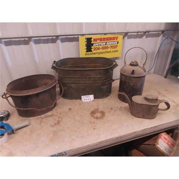 Copper Boiler, Metal Handle Pot, 2 Railway Kerosene Jugs