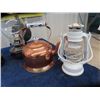 Image 2 : 2 Wall Mount Coal Oil Lamps, Copper Kettle, 2 Barn Lanterns