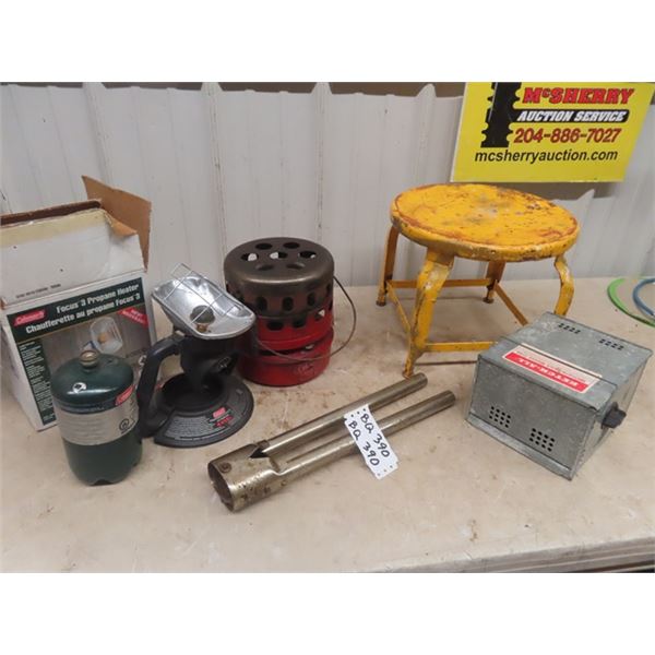 Coleman Heater, Metal Stool, Live Mouse Trap, Horn Gauges